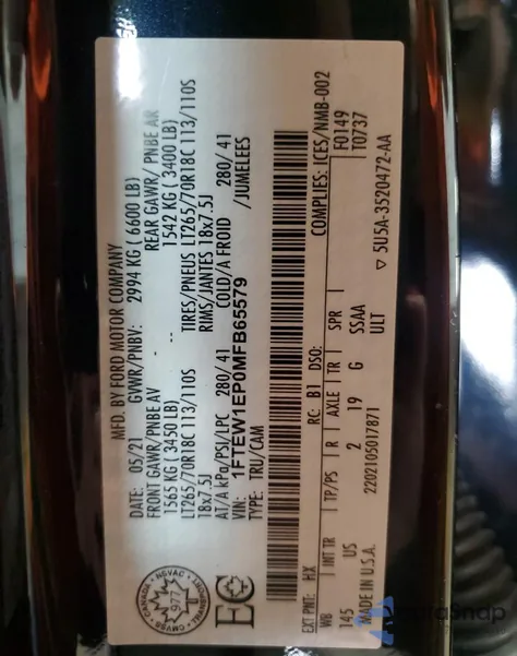 2021 Ford F150 Supercrew z USA, uszkodzony, nr VIN 1FTEW1EP0MFB65579